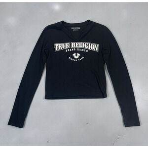 True Religion Ribbed V Notch Graphic Top Womens Size Small Western Streetwear